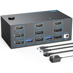 8K KVM Switch 3 Monitors 2 Computers Three Monitors 2 Display Port 1.4 and HDMI 2.1 USB 3.0 KVM Switches DP 1.4 Supports 8K@30Hz/4K@144Hz, HDMI Supports 8K@60Hz /4K@120Hz with Wired
