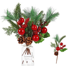 ilauke Pack of 6 Artificial Pine Branches, Artificial Pine Branches with Berries and Pine Cones, Artificial Christmas Pine Branches, Pine Needles for DIY Christmas Wreath, Christmas Decoration, Red
