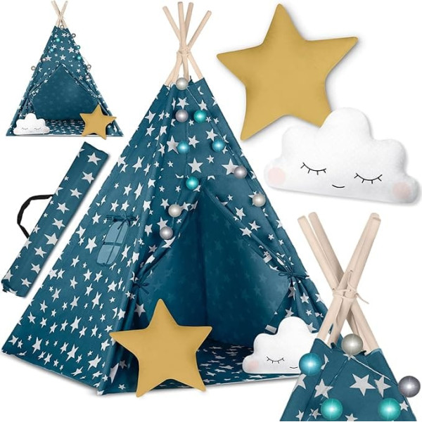 NUKIDO Baby Tent Teepee Cotton Wooden Frame Charming Design Development Promotion Easy to Clean 120 x 120 x 165 cm Lights Blue