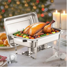 VEVOR Chafing Dish Buffet Stainless Steel Chafing Dish with 6 Full Size Pans (7.5L), Rectangular Catering Heat Dispenser with Lid & Water Pan Stand & Fuel Holder, for Parties, Silver