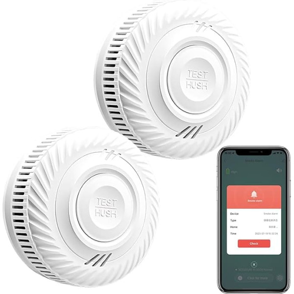 RISOON Smart Smoke Detector, WiFi Smoke Detector, Compatible with Tuya/Smart Life App, No Gateway Required, 85 dB Warning Signal, Networked Mini Smoke and Fire Detector, S100B-CR-W (Pack of 2)