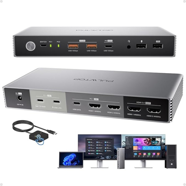 PULWTOP KVM Switch Docking Station for Laptop and Desktop, 4K KVM Switches Dual Monitor with EDID, 2 HDMI, USB A/C Gen2 10Gbps, 15W Charging, Audio, USB C Swtich Docking MST for Gaming Home Office