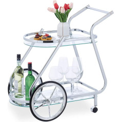 Relaxdays Serving Trolley with Wheels & Wheels, 2 Levels, Glass & Chrome, HBT: 76 x 76 x 46 cm, Kitchen Trolley, Transparent/Silver