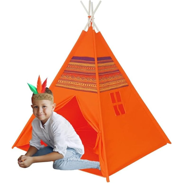 Happy Sun Indian Deluxe Tent for Children, Play Tent for Children, Dimensions 120 x 120 x 150 cm, Foldable Tent with Wooden Poles, Small Pack Size, Children, Orange, Unique