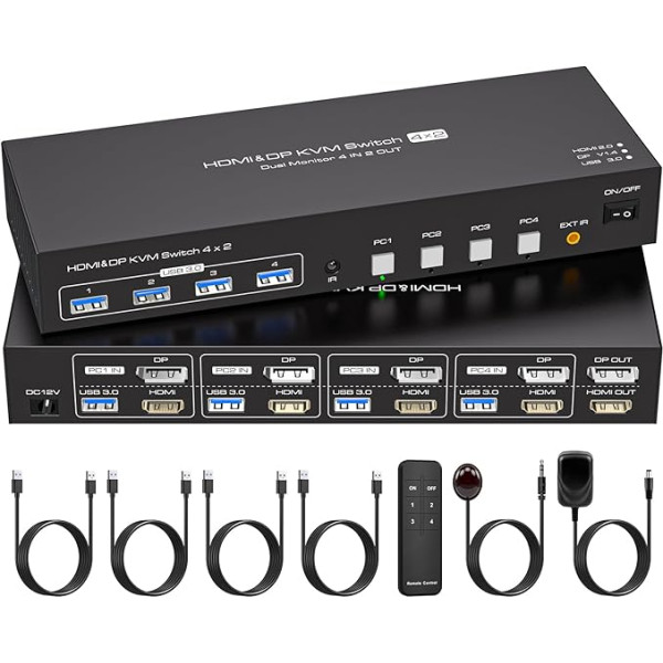 VPFET DisplayPort HDMI KVM Switch 4 PC 2 Monitors 4K60Hz KVM Switches 4 Computers Share 2 Monitors Includes DC12V Adapter and 4 USB 3.0 Cables