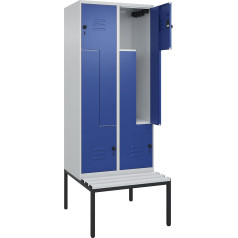 C + P Möbelsysteme C+P | Z-Spind Classic Plus Sitzbank | 2 Abteile | lichtgrau/enzianblau | B 800 mm | Sicherheits-Drehriegel | untergebaut | Kunststoff