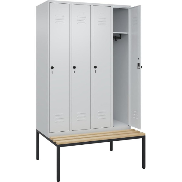 C + P Möbelsysteme C+P | Spind Classic Plus Sitzbank | 4 Abteile | lichtgrau | B 1200 mm | Sicherheits-Drehriegel | untergebaut | Buche-Hartholz