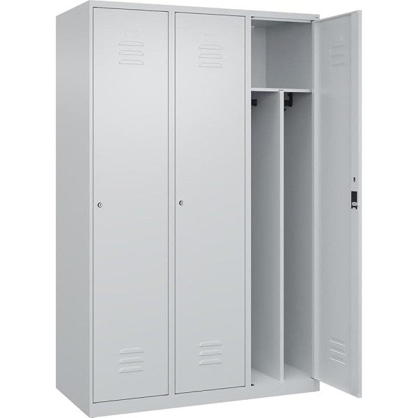C + P Möbelsysteme C+P | Schwarz-Weiß-Spind Classic Plus | schmal | 3 Abteile | Trennwand verkürzt | lichtgrau | B 1200 mm | mit Bodengleitern | Zylinderschloss | Trennwand mittig