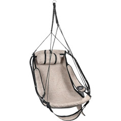 Bathonly Hanging Chair with Footrest, Sky Chair with Metal Bar, Hanging Swing, Outdoor Hanging Chair with Side Pocket, Drink Holder, Support Cushion, Maximum Load 150 kg, Beige