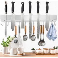 Dmore Magnetic Knife Strip with 10 Hooks, 43 cm Stainless Steel Magnetic Knife Holder with Extra Strong Magnet, Includes Adhesive Tape and Screws