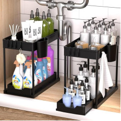 YOCOLE Pack of 2 Under Sink Shelves, 2 Levels, Pull-Out Dishwasher Shelf, Storage Under Sink with 4 Hooks and 1 Cup, Under Sink Cabinet Organiser for Bathroom, Kitchen, Black
