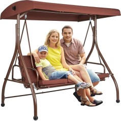 VEVOR 3 Seater Patio Swing Chair, Hollywood Swing Patio Porch with Adjustable Canopy, Removable Cushion and Alloy Steel Frame for Balcony, Backyard, Pool Edge, Brown