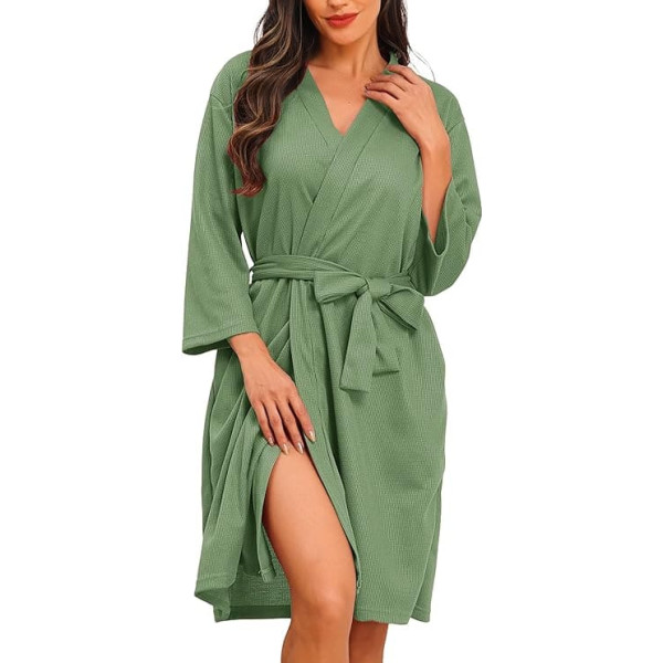 Lovasy Women's Waffle Pique Bathrobe 3/4 Sleeves Sauna Gown Waffle Knit Dressing Gown Soft Lightweight Knee-Length Loungewear with Belt Pockets