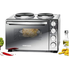 ROMMELSBACHER KLEINKÜCHE KM 3300-2 Cast Iron Heating Plates, 30 Litre Baking Chamber, Top Heat, Bottom Heat, Convection, Rotisserie Spit, 3 Insertion Levels, Double Glazing, Mirror Glass Front, 3250