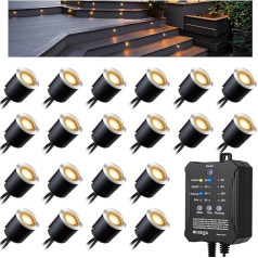 Arotelicht 20 LED Recessed Floor Spotlights Dimmable Outdoor 0.6 W Warm White with Timer and Photocell Sensor 12 V Transformer Diameter 32 mm Patio Recessed Spotlight IP67 Waterproof Garden Balcony