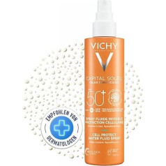 VICHY Cell Protect Spray SPF 50+, Sun Protection with Hyaluronic Acid, 4-Level Protection (UVB, UVA, Long UVA and Antioxidant), for All Skin Types, Invisible Finish, Capital Soleil, 200 ml, White