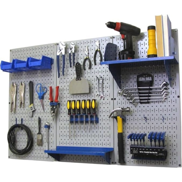 Wall Control 30-WRK-400 GBU Pegboard Organizer 4' Metal Standard Tool Storage Kit with Gray Tool Board and Blue Accessories