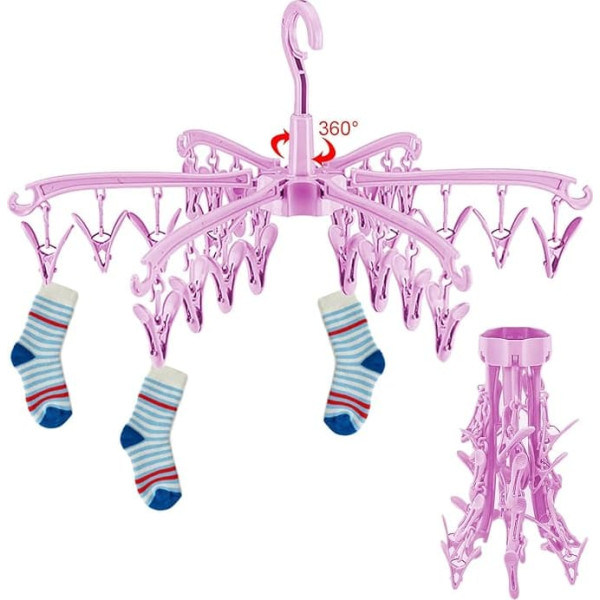 GmeDhc Sock Dryer Clothes Airer, 24 Cones Outdoor Clothes Line, Rotating and Foldable, Windproof Tumble Dryer for Underwear, Socks, Shorts, Small Items (Pink)