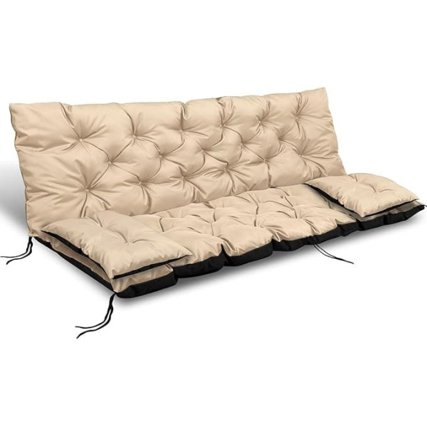 EDANTI Hollywood Swing Cushion Set, Seat Cushions, Garden Cushion, Seat Cushion, Bench Cushion, Waterproof Swing Cushion + 2 x Smaller Cushions (Beige, 150 x 60 x 50 cm)