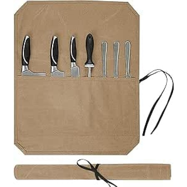 Chef's Knife Roll Bag, Chefs Knife Bag with 7 Compartments, Storage Bag for Kitchen Knives, Knife Case for Knives and Spoons, Waxed Canvas Knife Storage for Camping, Hiking (Khaki)