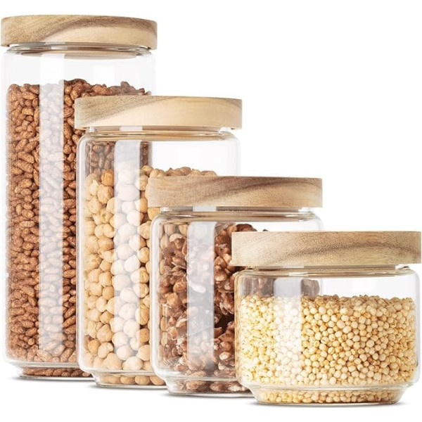 Econovo® Storage Jar Set with Lids (4 Pieces) Made of Reinforced Borosilicate Glass, Stackable and Airtight Storage Jars Glass Container Set for Food Large and Small 1,000 ml / 700 ml / 500 ml / 300 ml