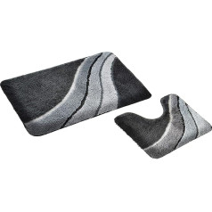 GOODWAY 2-Piece Bath Mat Set, Bath Mat, Kiel, Grey with Cut-Out, Non-Slip, Machine Washable, Suitable for Underfloor Heating