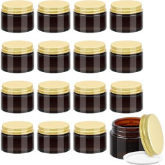 Acetiti Pack of 16 Amber Glass Empty Containers, 50 ml Brown Glass Cream Jars, Small Ointment Jars for Filling, Cosmetic Containers with Aluminium Lid, Brown Glass Container for Cosmetics, Ointments