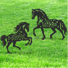 LIRAVENO Metall-Gartenstecker Dekorationen – 2 Stück coole Pferdeliebhaber-Statuen-Sets, Dekoration für Hof, Outdoor, schwarzer Schmetterling, Geschenke, Silhouette, Rasenfiguren, Ornamente, Blumen