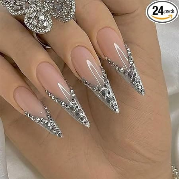 False Nails Long Stiletto False Nails French Glitter Silver Tip Stick On Rhinestones Removable Nails for Gluing Full Cover False Nails Women