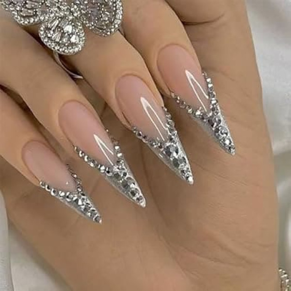False Nails Long Stiletto False Nails French Glitter Silver Tip Stick On Rhinestones Removable Nails for Gluing Full Cover False Nails Women