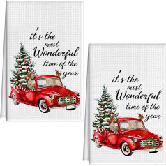 Pack of 2 Christmas Red Truck Tea Towels Red Truck Towels Christmas Waffle Towels Christmas Kitchen Towels for Christmas Holidays Baking Kitchen Bathroom Bar Decorations, 15.7 x 23.6 Inches