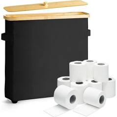 Toilet Paper Storage Basket with Lid and Handle, Bamboo Toilet Paper Organiser, Bathroom Organiser with Foot Pad, Toilet Paper Storage Container for 12 Rolls of Toilet Paper, Black