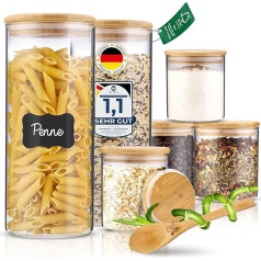 GREEN BEE`S Set of 6 Large Storage Jars – 2 x 1500 ml & 4 x 650 ml – Perfect Fit for Drawer & Pharmacist Cabinet – Sustainable Storage Jars with Lid Airtight – For Flour, Rice, Pasta, Cereal and Beans