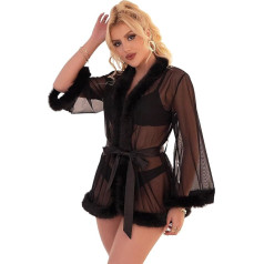 ohyeahlady Women's Sexy Kimono Dressing Gown Transparent Lace Negligee Large Sizes Lingerie Feather Robe Bathrobe Short Sleepwear Maternity Dress Nightdress Short with Belt