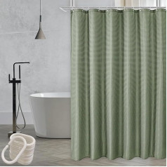 Waffle Pattern Shower Curtain, Green Shower Curtain with 12 Hooks, Weighted Shower Curtain, Waterproof, Mildew Resistant, Bathroom Curtains, 180 x 180 cm Long, Shower Curtain for Bathtub,