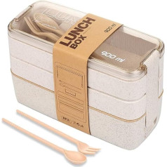 Click Clack Bento Box with Cutlery Set, Japanese Lunch Box with 3 Compartments, Portable, Leakproof, Dishwasher and Microwave Safe, Stackable Food Storage Box for Kids (Beige)