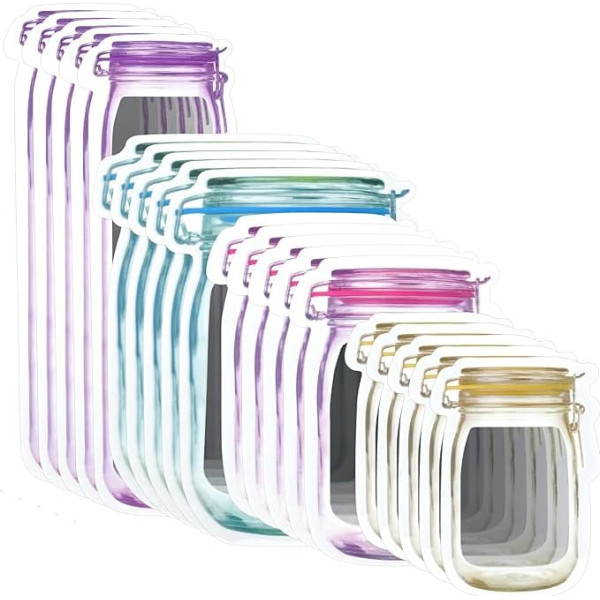Pack of 20 Mason Jar Zip Bags Food Storage Bags 5 Sizes Reusable Zip Bag Kitchen Organiser for Snacks, Sweets, Picnics, Biscuits