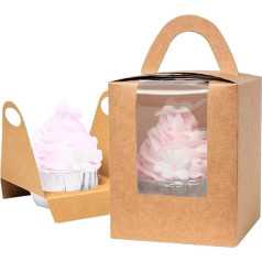 Gbateri Cupcake Boxes with Insert and Display Window, Brown Kraft Paper Single Cupcake Boxes with Handle, Cupcake Containers, Bakery Boxes, Mini Cake Boxes, Candy Gift Boxes, 60 Pieces