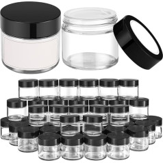 Bumobum 2oz Round Clear Glass Jars, 40 Pack Cream Jars with Black Lids, Black and White Labels and Inner Inserts, Empty Cosmetic Containers for Cream, Lotion, clear