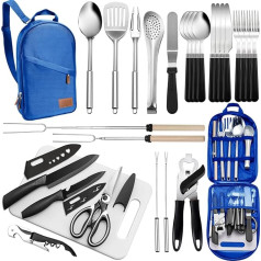 Portable Camping Kitchen Utensils Set, 27 Piece Cookware Set, Stainless Steel, Outdoor Cooking and BBQ Utensils Organiser, Travel Set, Perfect for Travel, Picnics, RV, Camping,