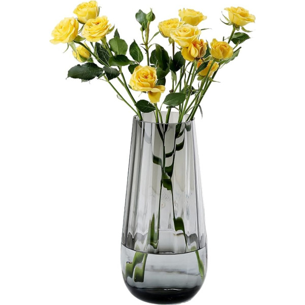 JAKY-Global Glass Vase Modern Large Conical Ribbed Flower Vase 25.0 cm High Glass Vase Home Decoration Table Decoration for Office Living Room Weddings Party Events (Grey)