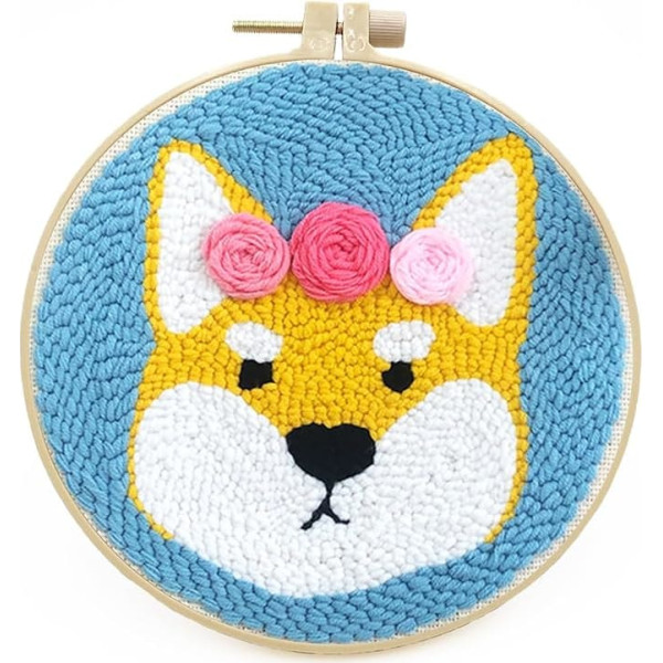 DIY Punch Needle Kits, Cute Cartoon Dog with Flower for Beginners, 20 x 20 cm Hoop Embroidery Punch Needle Starter Craft Set, Easy for Adults and Children, Ideal and Decoration Gift