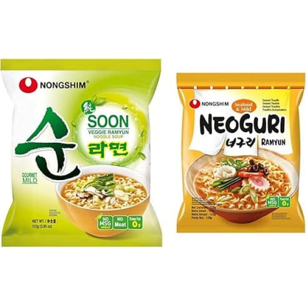 Nong Shim Instant Noodles Soon Veggie Ramyun - Vegetable Ramen Soup Mild - Value Pack of 20 x 112 g & Neoguri Instant Noodles Seafood & Mild Ramyun - Seafood Ramen Soup Mild - 20 Value Pack of 120 g