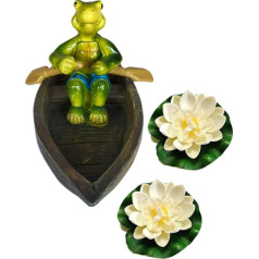 Super Idee Mini Pond, Decorative Turtle with 2 Floating Lotus Flowers, Floating Pond Figure for Mini Pond, Patio Pond Zinc Tubs, Solar Fountain, Indoor Fountain, Decoration (Turtle on Wooden Boat)