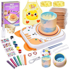 IEEILULU Pottery Set for Children, Electric Pottery Wheel for Children, Mini Pottery Wheel with Pottery Clay, Colours, Diamond Stickers, Pottery Set DIY Pottery Craft Set Gifts Girls Boys (Cats)