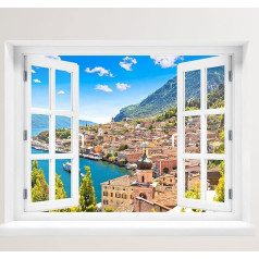 Wall Sticker - Photo Wallpaper - Self-Adhesive Wall Sticker - Window with View Motif - Wall Sticker - Wall Tattoo - Wall Mural Self-Adhesive (Motif: Village by Lake, 120 x 94 cm)