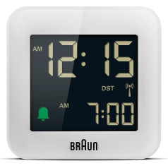 Braun Digital Travel Alarm Clock Central European Time Zone (CET) with Snooze Function, Compact Size, Negative LC Display, Quick Setting Function, Crescendo Alarm in White, Model BC08W-DCF