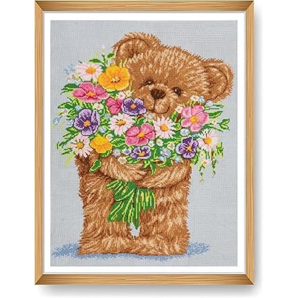 Trimits Large Cross Stitch Kits - Counted Embroidery Handmade for Adults Kids Christmas Gifts (Frame Not Included) 14 Count Aida Fabric - Teddy