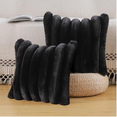 Madizz Cushion Covers Set of 2 Faux Fur Plush Decorative, Fluffy, Striped, Soft, Decorative Cushion Cover for Sofa, Bedroom, Cushion Shell, Black, 50 x 50 cm Square