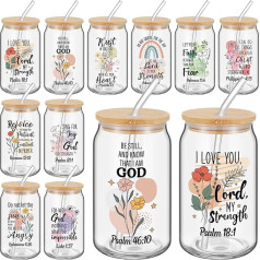 Skylety 10 Sets Christian Boho Gift Cups for Women 16oz Glass Tumbler with Lid and Straw Inspirational Bible Appreciation Religious Gifts for Women Mom Sister Friends